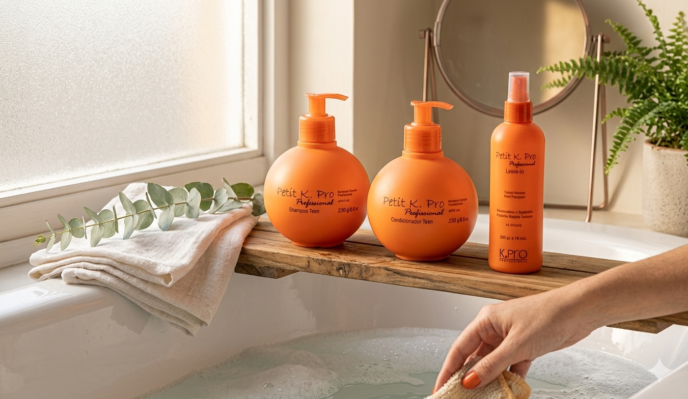 Produtos K.Pro Petit em um banheiro, prontos para o uso
